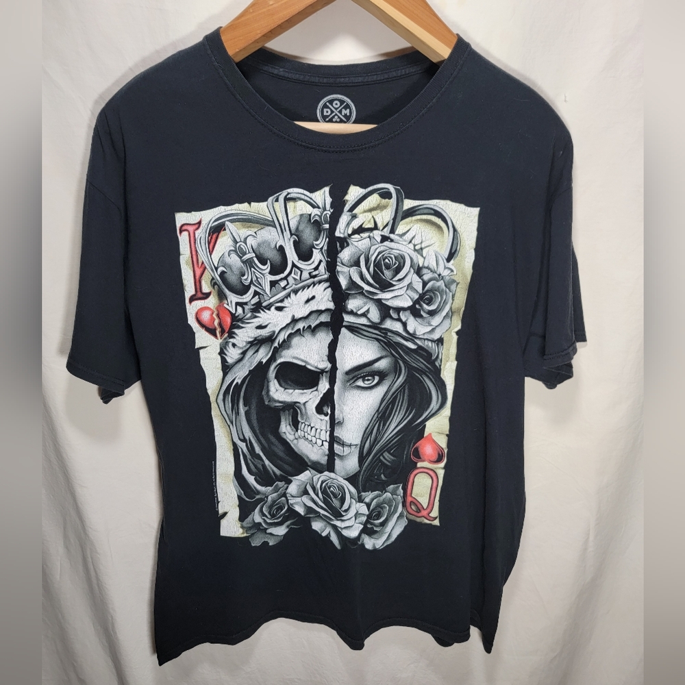 DOMA Shirt Men's Gothic Half Skull King & Half Face Queen Black Graphic Tee, XL
